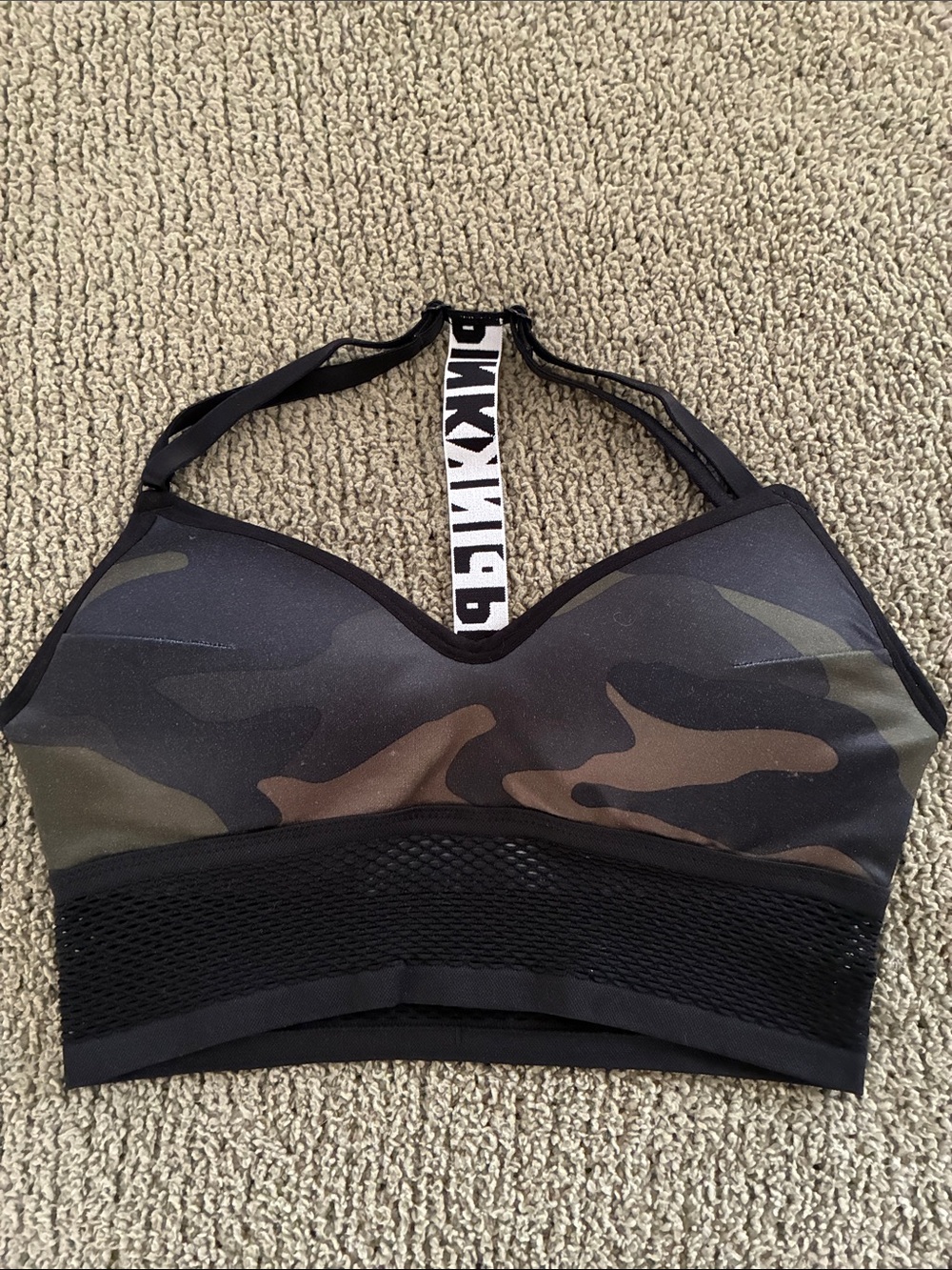 BRAND NEW: VS Pink Camo Print Sports Bralette with Mesh Band - Black/Olive